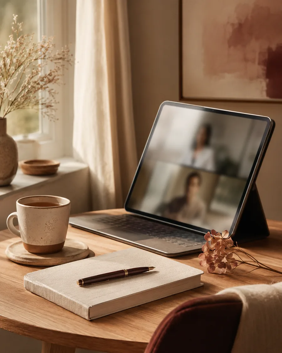 A private video consultation — a tablet on a warm desk showing a call in progress